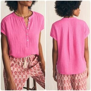 Faherty Dream Cotton Gauze Desmond Top Cone Flower Pink